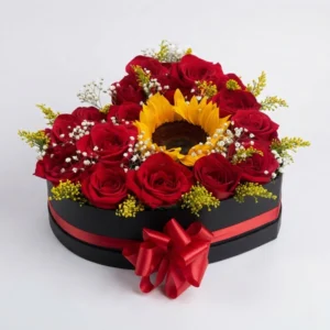CAJA CORAZON DE ROSAS Y 1 GIRASOL