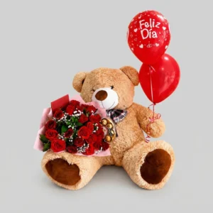 PELUCHE CON ROSAS, CHOCOLATES Y GLOBOS